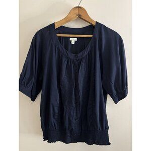 Odille Anthropologie Floral Embroidered Peasant Villager Boho Blouse Navy Blue 8